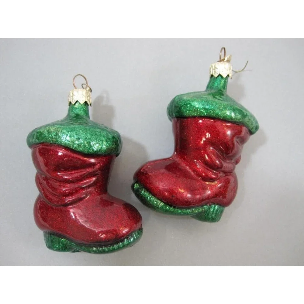 Set of 2 Dept 56 Blown Glass Red & Green Glitter Santa Boot Ornaments 3.5